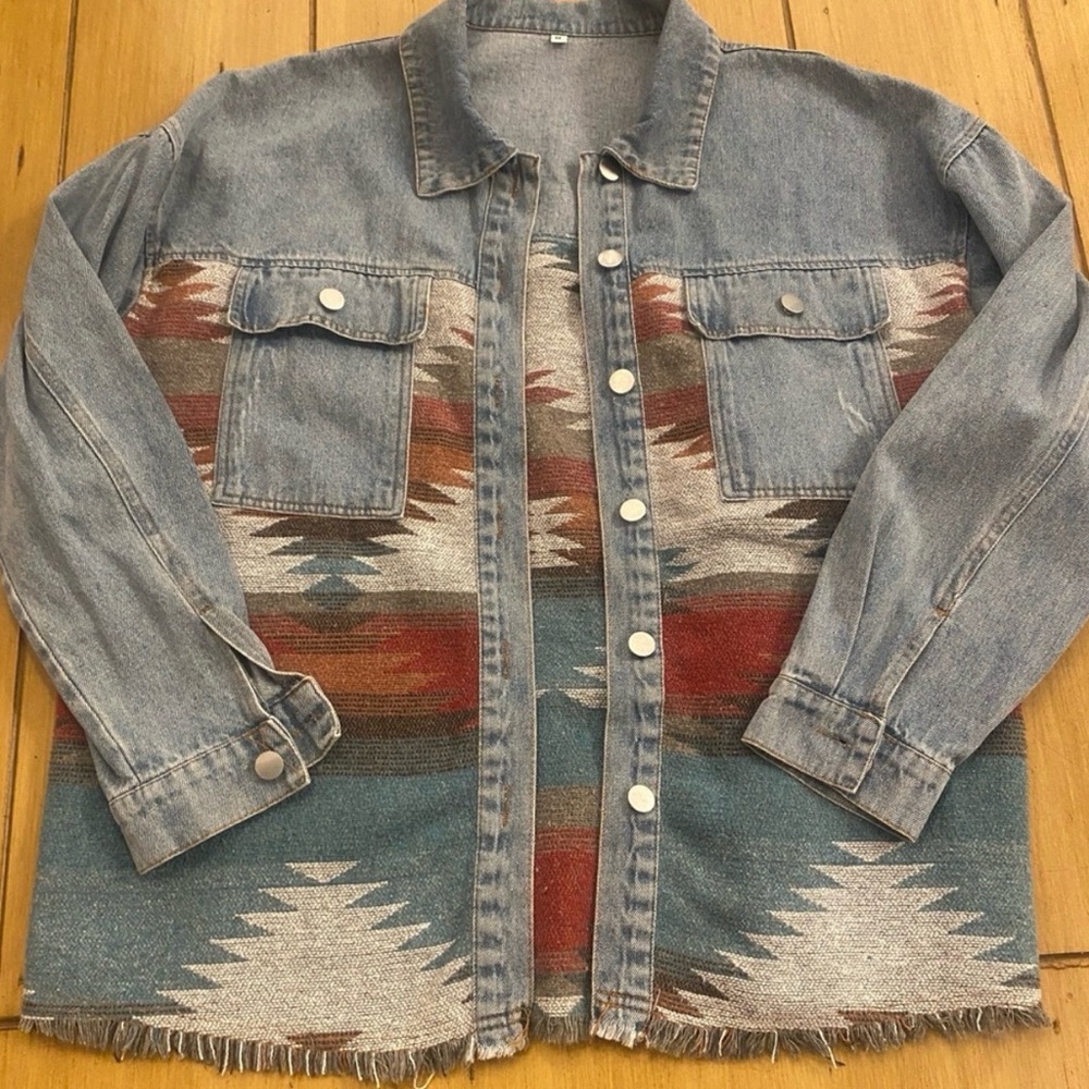Denim Shacket Jacket Aztec Geometric Bohemian Colorful Woven Designs Unisex